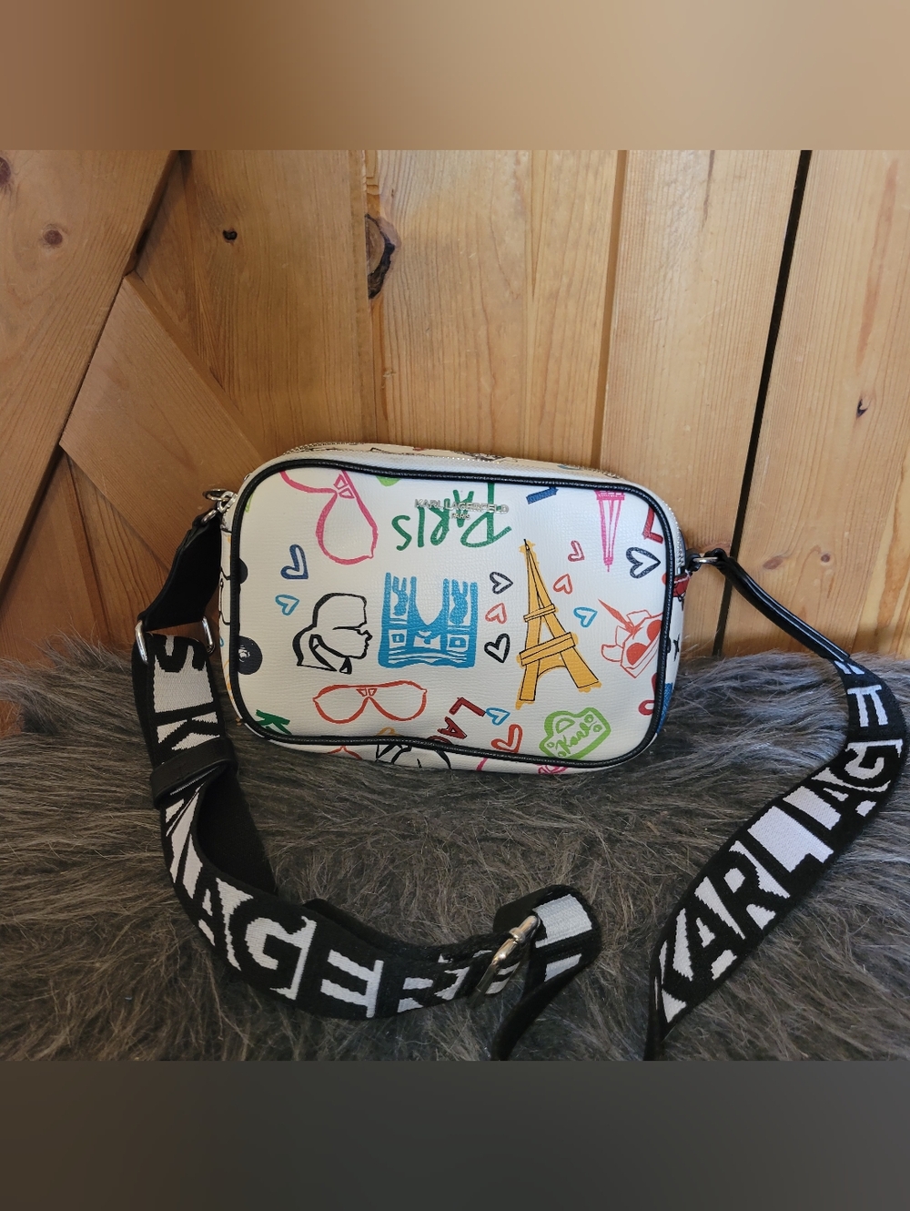 Karl Lagerfeld White Paris Graphic Crossbody Bag with Black Logo Strap